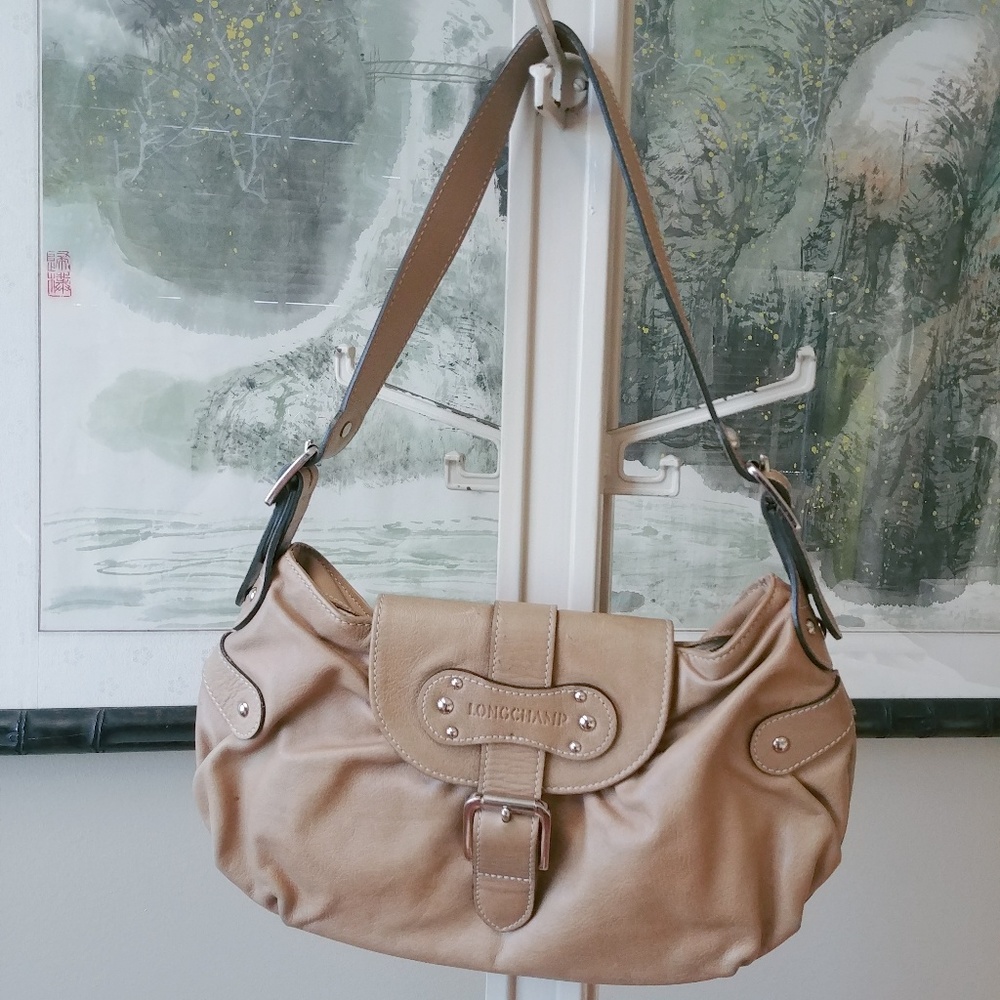 Longchamp Beige Shoulder Bag with Buckle Detail